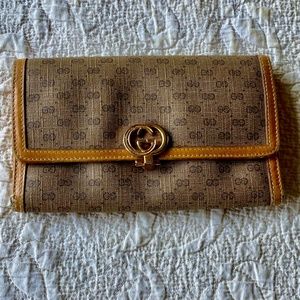Vintage Gucci Accessories Wallet Micro Monogram Canvas Tan Leather AS IS Wear